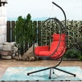 thumbnail image 1 of UHOMEPRO Rattan Swing Egg Chair with Stand, Modern Indoor Outdoor Patio Wicker Swing Chair with Removable Cushion, All-Weather Hammock Chair for Patio Balcony Porch Garden, Strong Metal Frame, Red, 1 of 9