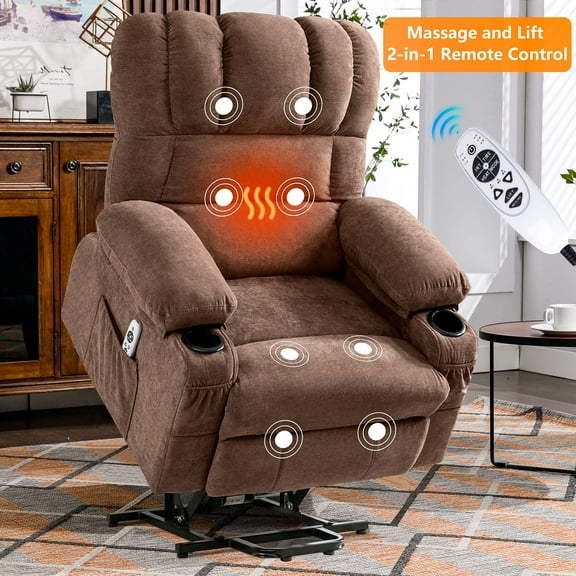 UHOMEPRO Power Lift Recliner Chair for Elderly with Heat and Massage, Recliner Chair for Livingroom with Infinite Position and Side Pockets , USB Charge Port, Cup Holders Fabric, Brown