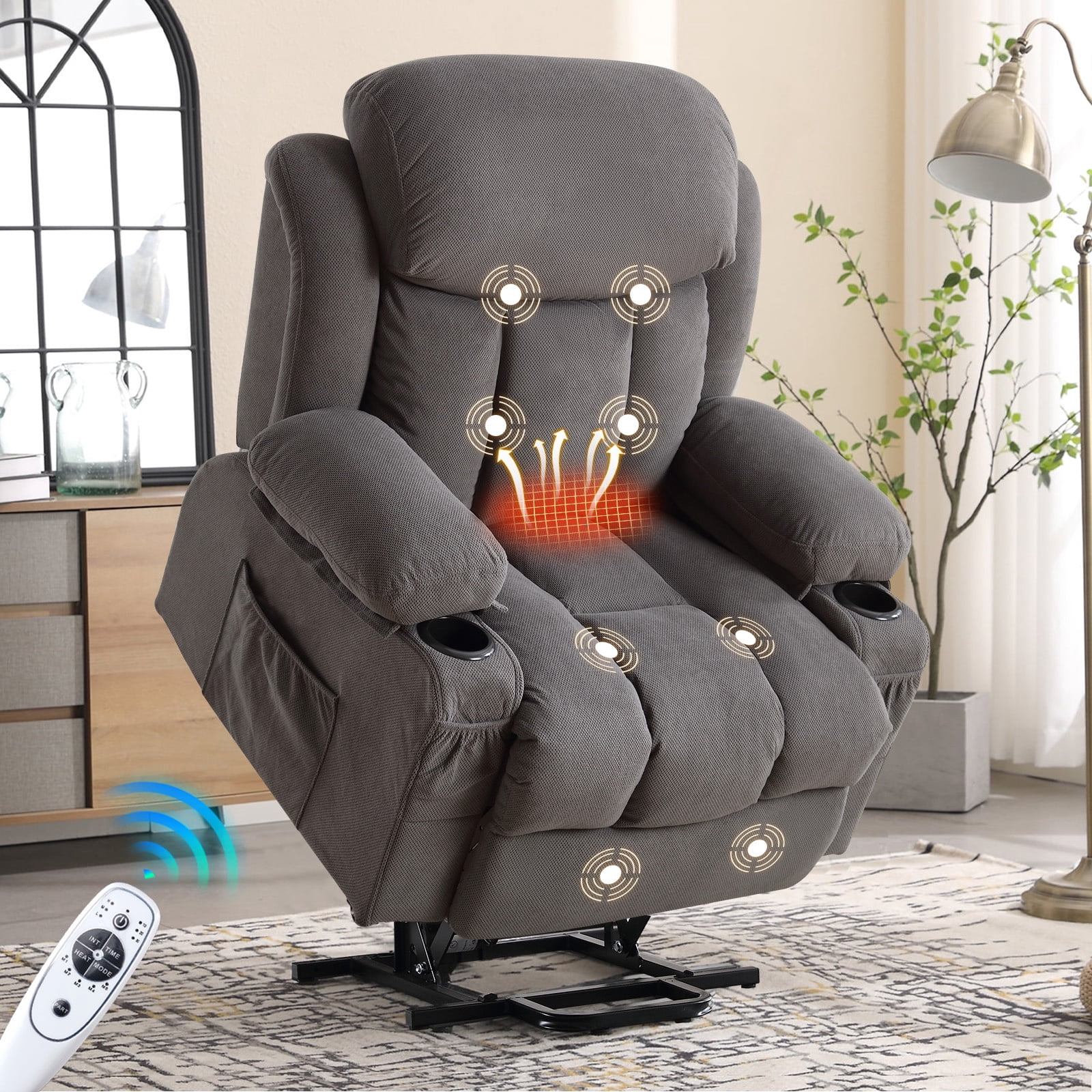 UHOMEPRO Lift Recliner Chair for Elderly and Adult, Electric Recliner with Heat and Vibration Massage, Remote Control, USB Port, Side Pockets & Cup Holders, Gray