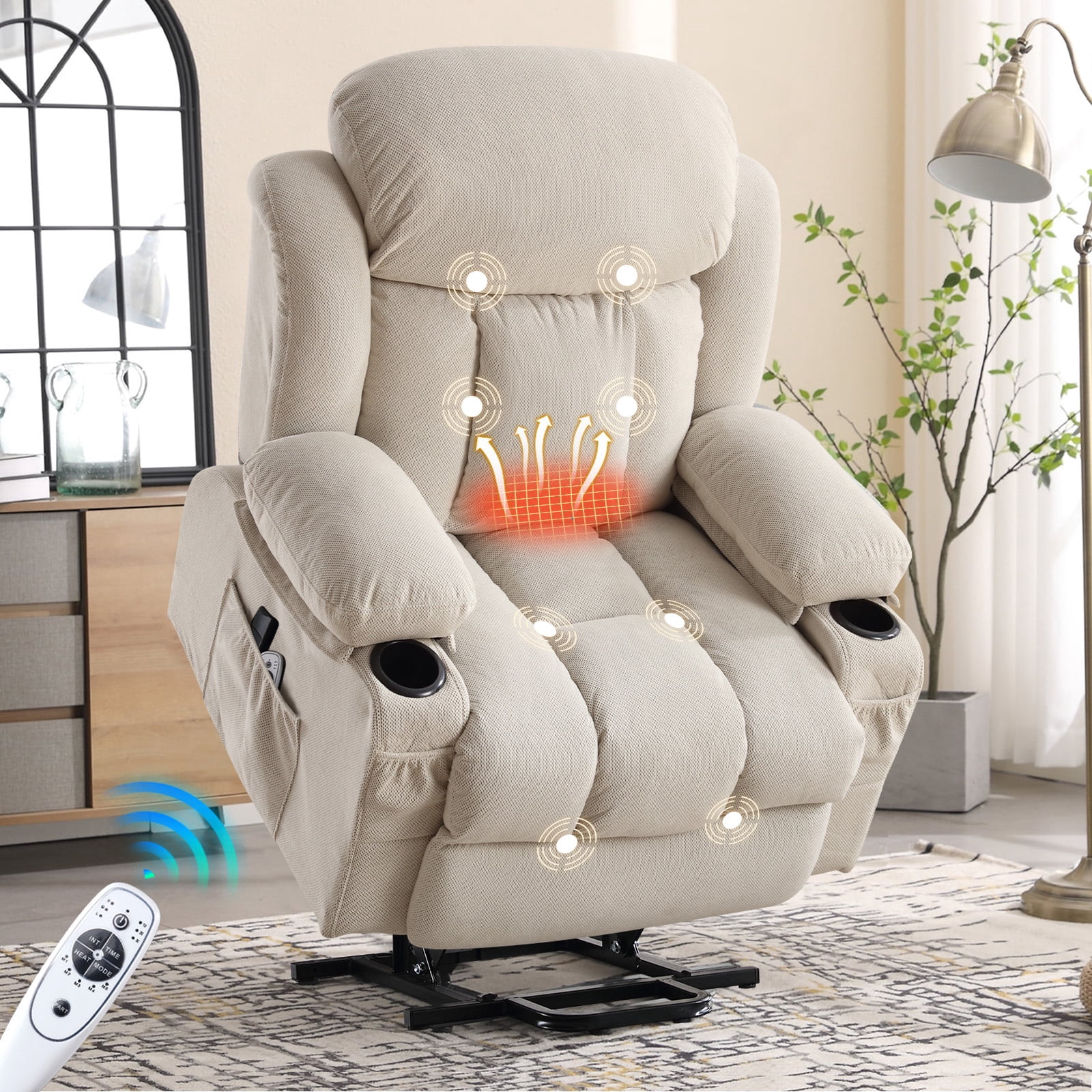 UHOMEPRO Lift Recliner Chair for Elderly and Adult, Electric Recliner with Heat and Vibration Massage, Remote Control, USB Port, Side Pockets & Cup Holders, Beige