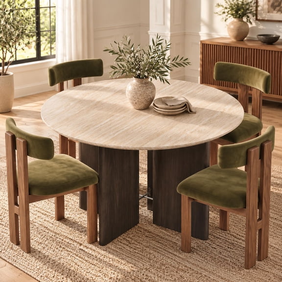 UHOMEPRO Round Dining Table, 47" Circle Kitchen Table for 4-6, Travertine Dining Room Table with Sturdy Wood Strip Base, Circle Dinner Table for Apartment Living Room, Beige+Black (Only Table)