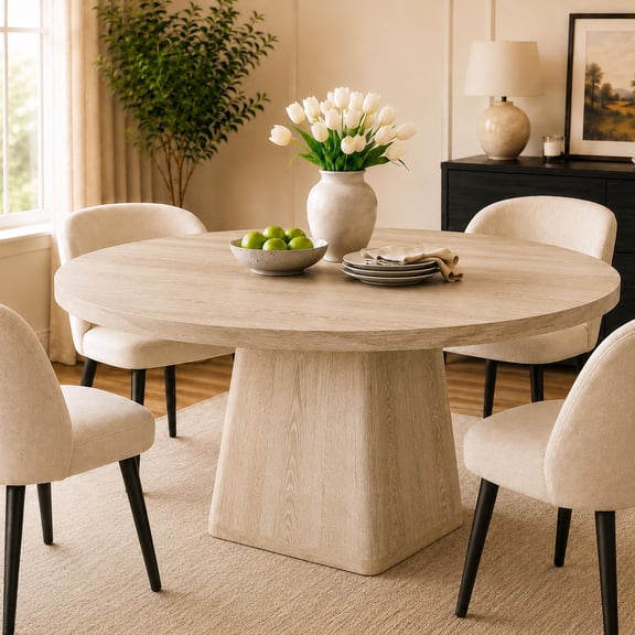 UHOMEPRO Round Dining Table, 47" Circle Kitchen Table for 4-6, Farmhouse Dining Room Table with Sturdy Wood Strip Base, Circle Dinner Pedestal Table for Apartment Living Room, Beige(Only Table)