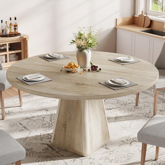 UHOMEPRO Round Dining Table, 47" Circle Kitchen Table for 4-6, Farmhouse Dining Room Table with Sturdy Wood Strip Base, Modern Dining Table for Dining Room Living Room, Beige(Only Table)