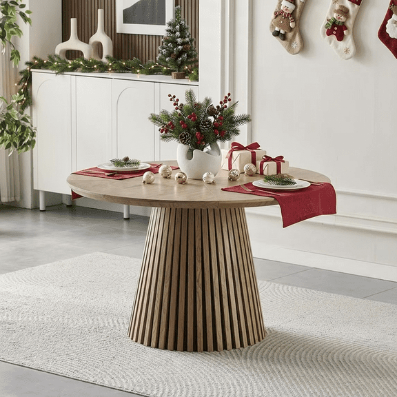 UHOMEPRO Round Dining Table, Farmhouse Wooden Kitchen Table for 4, 47" Circle Dining Table with Wood Strip Base for Kitchen Living Room, Natural Wood