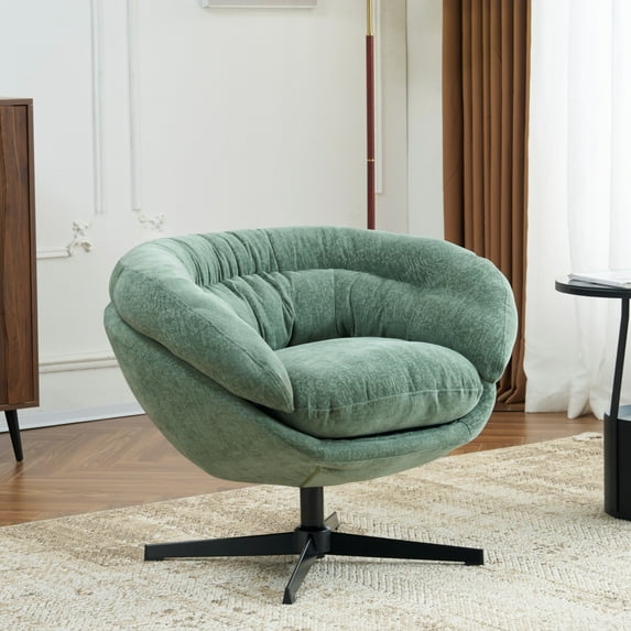UHOMEPRO Swivel Accent Chair, Chenille Upholstered 360°Swivel Armchair, Reading Club Chair with Removable Cushion, Metal Base, Living Room Bedroom, Reading Corner, Green