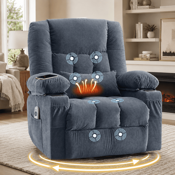 UHOMEPRO Swivel Rocker Recliner Chair with Massage and Heat, Reclining Lounge Chair with 8 Point Vibration, 65° Rocking, Cup Holders, USB Port and Storage Pockets, Blue
