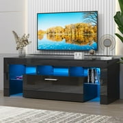 UHOMEPRO TV Stand for TV up to 55, High Gloss Entertainment Center with RGB LED Lights and Storage Shelves, Black Media Console for Living Room