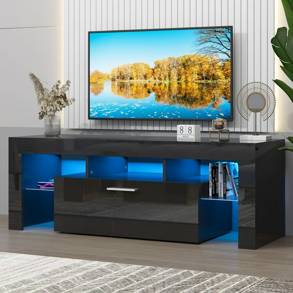 UHOMEPRO TV Stand for TV up to 55", Living Room Entertainment Center with RGB LED Lights and Storage Shelves Furniture, Black High Gloss TV Cabinet Console Table
