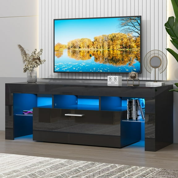 UHOMEPRO TV Stand for TV up to 55", Living Room Entertainment Center with RGB LED Lights and Storage Shelves Furniture, Black High Gloss TV Cabinet Console Table