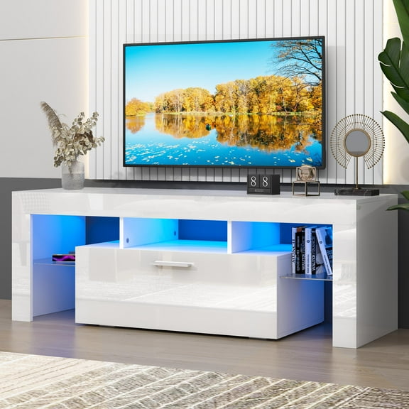 UHOMEPRO TV Stand for TV up to 55", Living Room Entertainment Center with RGB LED Lights and Storage Shelves Furniture, White High Gloss TV Cabinet Console Table
