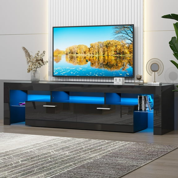 UHOMEPRO TV Stand for TV up to 80", Living Room Entertainment Center with RGB LED Lights, APP and Remote Control, Black High Gloss TV Cabinet Console Table