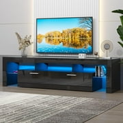 UHOMEPRO TV Stand for TV up to 80, High Gloss Entertainment Center with RGB LED Lights and Storage Shelves, Black Media Console for Living Room