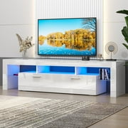 UHOMEPRO TV Stand for TV up to 80, High Gloss Entertainment Center with RGB LED Lights and Storage Shelves, White Media Console for Living Room