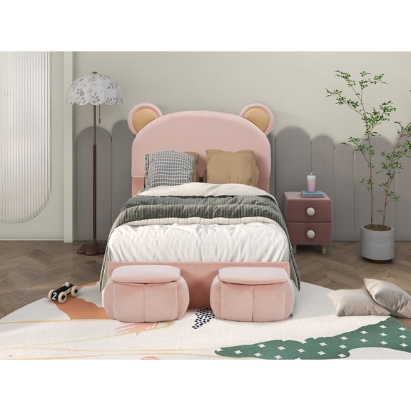 UHOMEPRO Twin Size Upholstered Bed Frame with Bear-Shaped Headboard, Cute Bear Shape Platform Bed with Storage Stools, Solid Wooden Bear-Shaped Bed, Pink