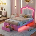 thumbnail image 1 of Twin Size Upholstered Bed Frame with LED Lights, Modern Upholstered Princess Bed with Crown Headboard, a Drawer, Pink+White, 1 of 5