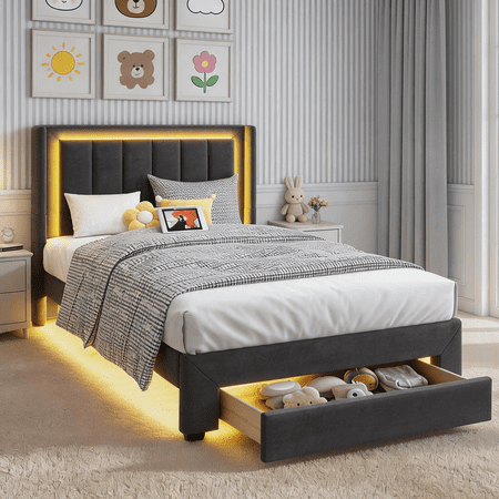 Twin Bed Frame with Motion Sensor Light, UHOMEPRO Upholstered Platform Bed with Charging Station and Wooden Storage Drawer for Kid, Gray