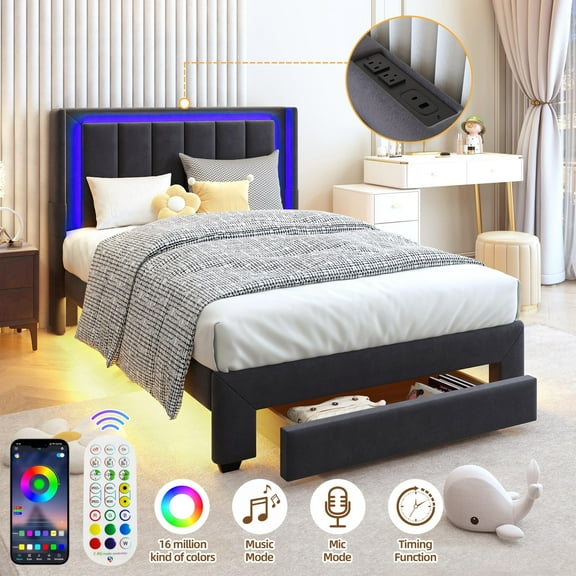 UHOMEPRO Grey Twin Upholstered Bed Frame with LED Lights & Motion Sensor Light, Wooden Storage Drawer, Charging Station, Soft Fabric Platform Bed with Headboard, Quiet & Sturdy No Noise Design