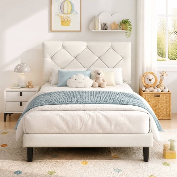 UHOMEPRO Twin Bed Frame with Headboard, Strong Wood Slat Support, No Box Spring Needed, Noise-Free, Beige