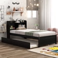 thumbnail image 1 of UHOMEPRO Twin Bed Frame with Pull-Out Trundle and Bookcase Headboard, Storage Bed for Shared Rooms and Small Bedrooms, No Box Spring Needed, Espresso, 1 of 7