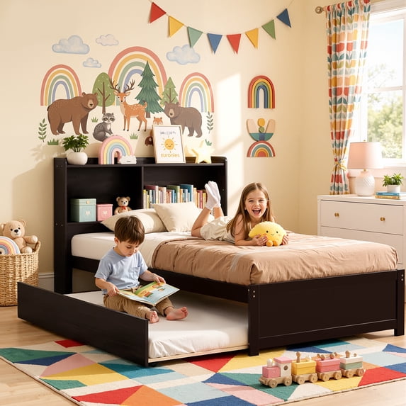 UHOMEPRO Twin Trundle Bed Frame with Storage and Bookcase Headboard, Espresso Twin Bed with Trundle for Kids, Twin Bed Frame for Boys Girls, No Box Spring Needed