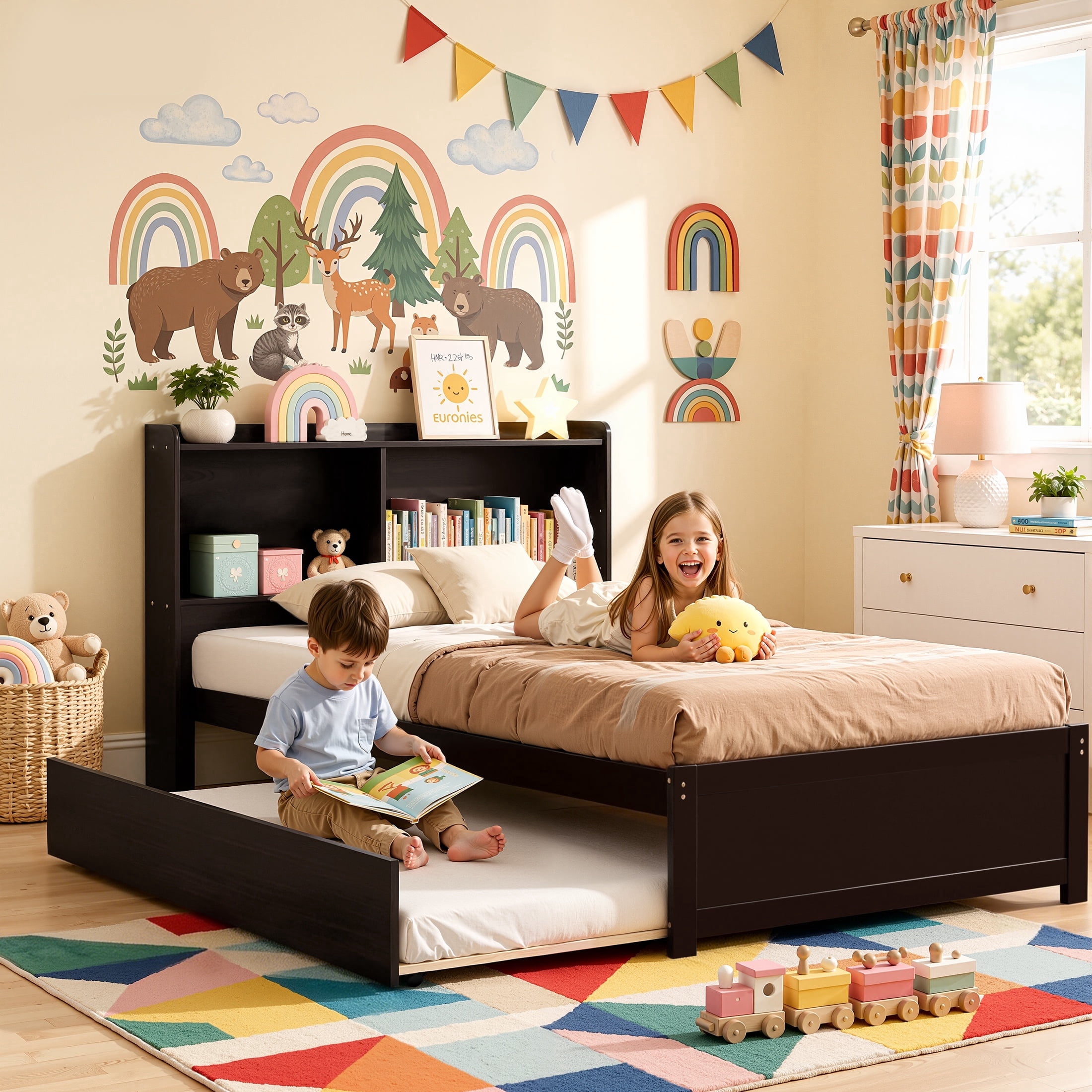UHOMEPRO Twin Trundle Bed with Storage Headboard, Espresso Trundle Bed Frame for Kids Girls Boys, Twin Bed with Trundle, No Box Spring Needed