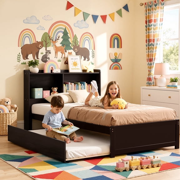 UHOMEPRO Twin Trundle Bed with Storage Headboard, Espresso Trundle Bed Frame for Kids Girls Boys, Twin Bed with Trundle, No Box Spring Needed