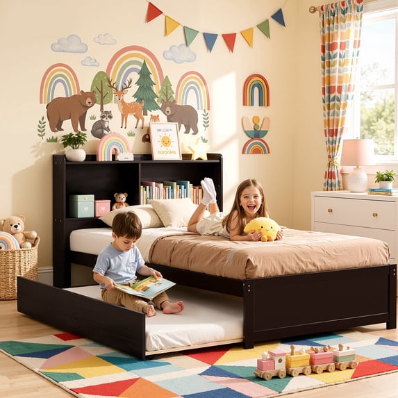 UHOMEPRO Twin Trundle Bed with Storage Headboard, Espresso Trundle Bed Frame for Kids Girls Boys, Twin Bed with Trundle, No Box Spring Needed