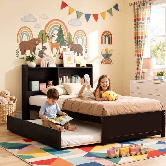 UHOMEPRO Twin Trundle Bed with Storage Headboard, Espresso Trundle Bed Frame for Kids Girls Boys, Twin Bed with Trundle, No Box Spring Needed