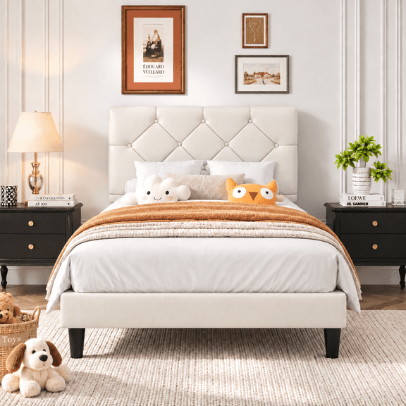 UHOMEPRO Twin Bed Frame with Upholstered Faux Leather Headboard, UHOMEPRO Platform Bed Frame with Wood Slat Support, No Box Spring Needed, White