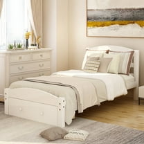 Twin Bed Frame with Storage Drawer, UHOMEPRO Solid Pine Wood Bed Frame with Headboard and Footboard, Modern Bed Furniture for Bedroom, Holds 275 lb, No Box Spring Needed, White