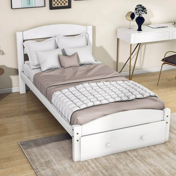 Twin Bed Frame with Storage Drawer, UHOMEPRO Solid Pine Wood Bed Frame with Headboard and Footboard, Modern Bed Furniture for Bedroom, Holds 275 lb, No Box Spring Needed, White