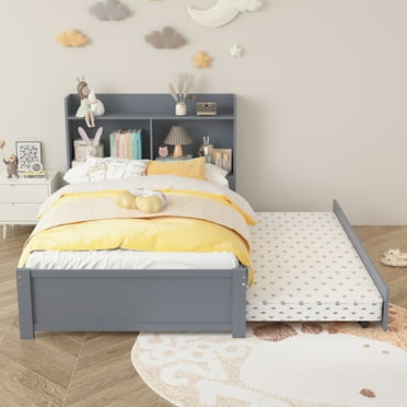 UHOMEPRO Twin Bed with Trundle and Bookcase Headboard, Twin Size Platform Bed Frame with Pull Out Trundle Bed, Wooden Twin Bed Frame with Storage Shelves, No Box Spring Needed, Gray