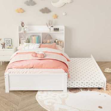 UHOMEPRO Twin Bed Frame with Trundle and Bookcase Headboard, Twin Size Platform Bed Frame with Pull Out Trundle Bed, Wooden Twin Bed Frame with Storage Shelves, No Box Spring Needed, White