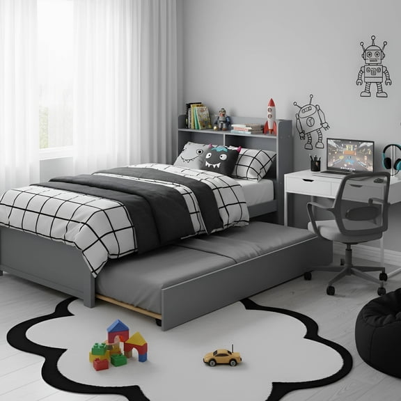 UHOMEPRO Twin Bed Frame with Pull-Out Trundle and Bookcase Headboard, Storage Bed for Shared Rooms and Small Bedrooms, No Box Spring Needed, Gray