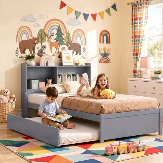 UHOMEPRO Twin Trundle Bed with Storage Headboard, Gray Trundle Bed Frame for Kids Girls Boys, Twin Bed with Trundle, No Box Spring Needed