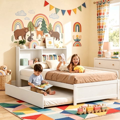 Twin Trundle Bed with Storage Headboard, UHOMEPRO White Twin Size Bed Frame with Pull-Out Trundle, Wood Twin Bed with Trundle, No Box Spring Needed