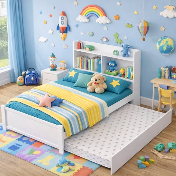 UHOMEPRO Twin Bed Frame with Pull-Out Trundle and Bookcase Headboard, Storage Bed for Shared Rooms and Small Bedrooms, No Box Spring Needed, White