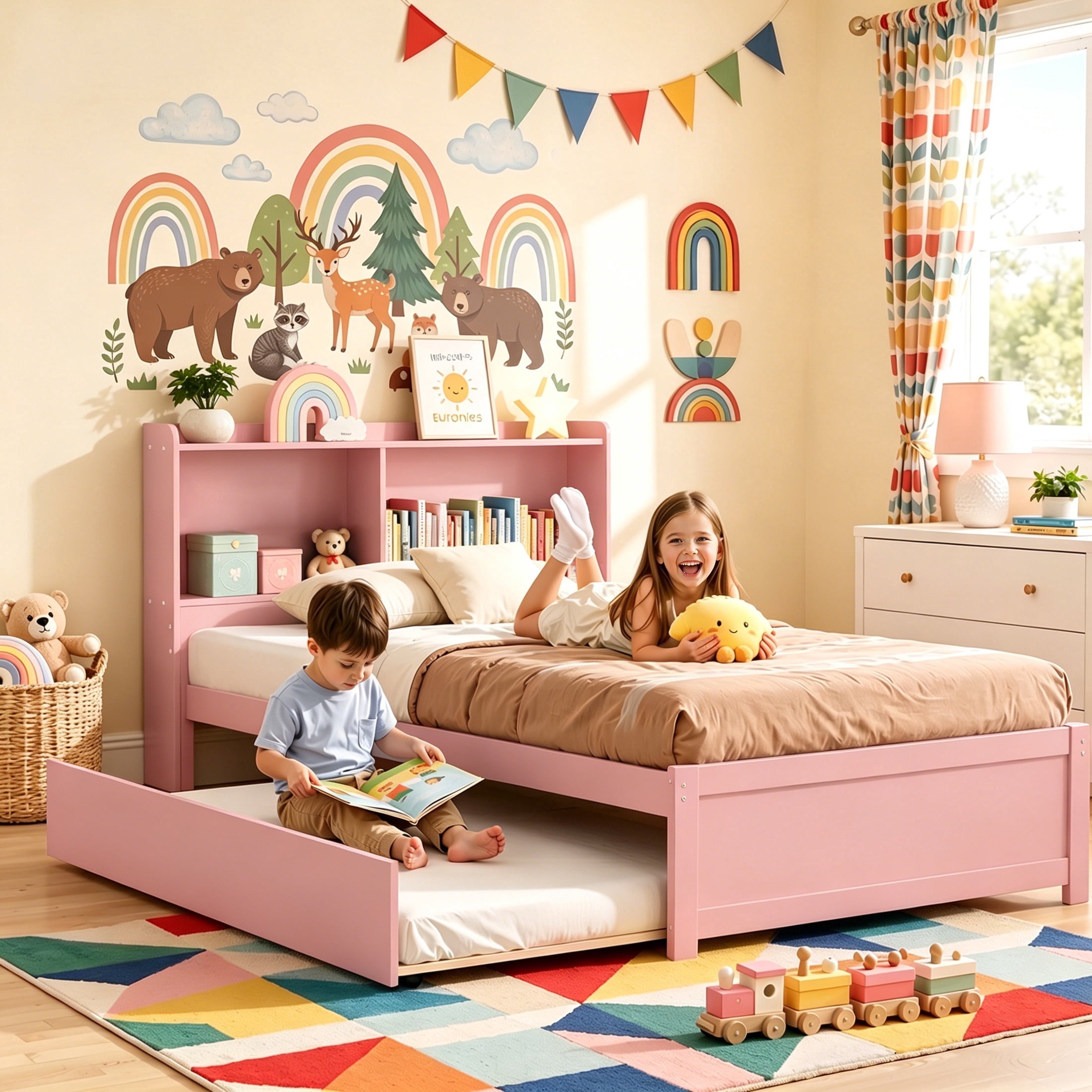 UHOMEPRO Twin Trundle Bed with Storage Headboard, Pink Trundle Bed Frame for Kids Girls Boys, Twin Bed with Trundle, No Box Spring Needed