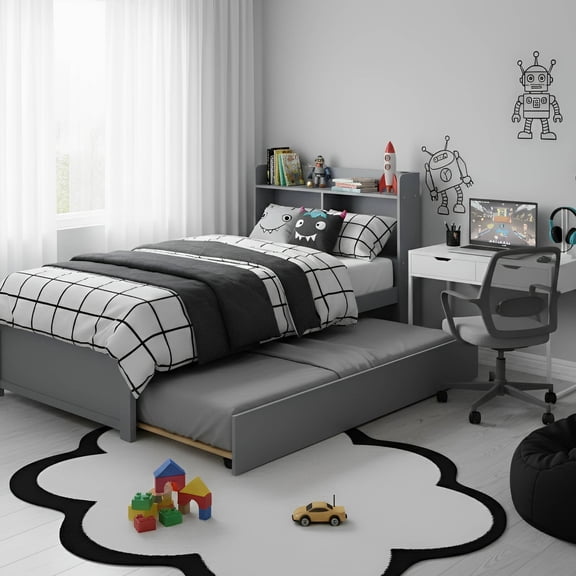 UHOMEPRO Twin Bed Frame with Pull-Out Trundle and Bookcase Headboard, Storage Bed for Shared Rooms and Small Bedrooms, No Box Spring Needed, Gray