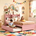 thumbnail image 1 of UHOMEPRO Twin Trundle Bed with Storage Headboard, Pink Trundle Bed Frame for Kids Girls Boys, Twin Bed with Trundle, No Box Spring Needed, 1 of 7