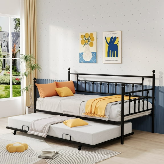 UHOMEPRO Twin Daybed with Trundle Included, Metal Daybed Frame with Pull-Out Trundle Bed, No Box Spring Needed, Twin Size Daybed Sofa Bed for Bedroom Living Room, Black