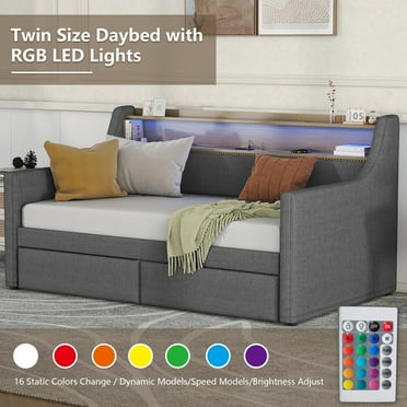 UHOMEPRO Twin Size Daybed with Storage, Upholstered Linen Fabric Daybed with Charging Station and LED Lights, Modern Daybed Frame with 2 Drawers and Storage Shelves, No Box Spring Needed, Gray