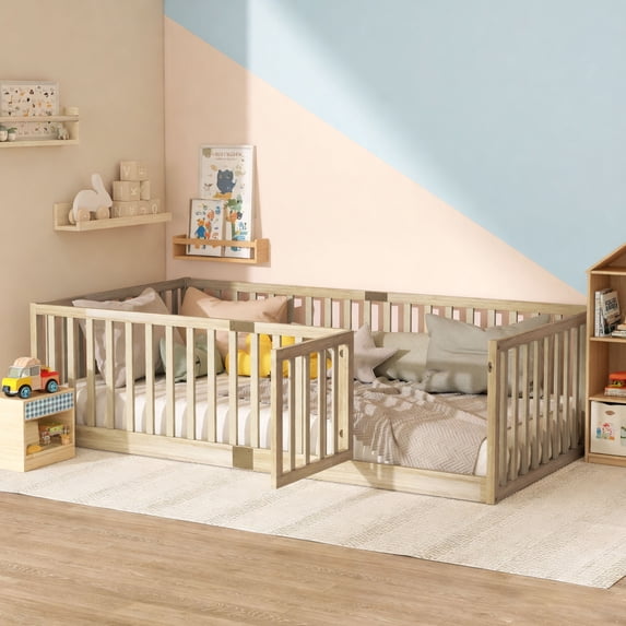 UHOMEPRO Twin Floor Bed with High Fence & Door, Montessori Floor Bed with 21.5" Safety Guardrails, Solid Wood Twin Beds Frame for Kids Girls, Boys, with Slats, Natural