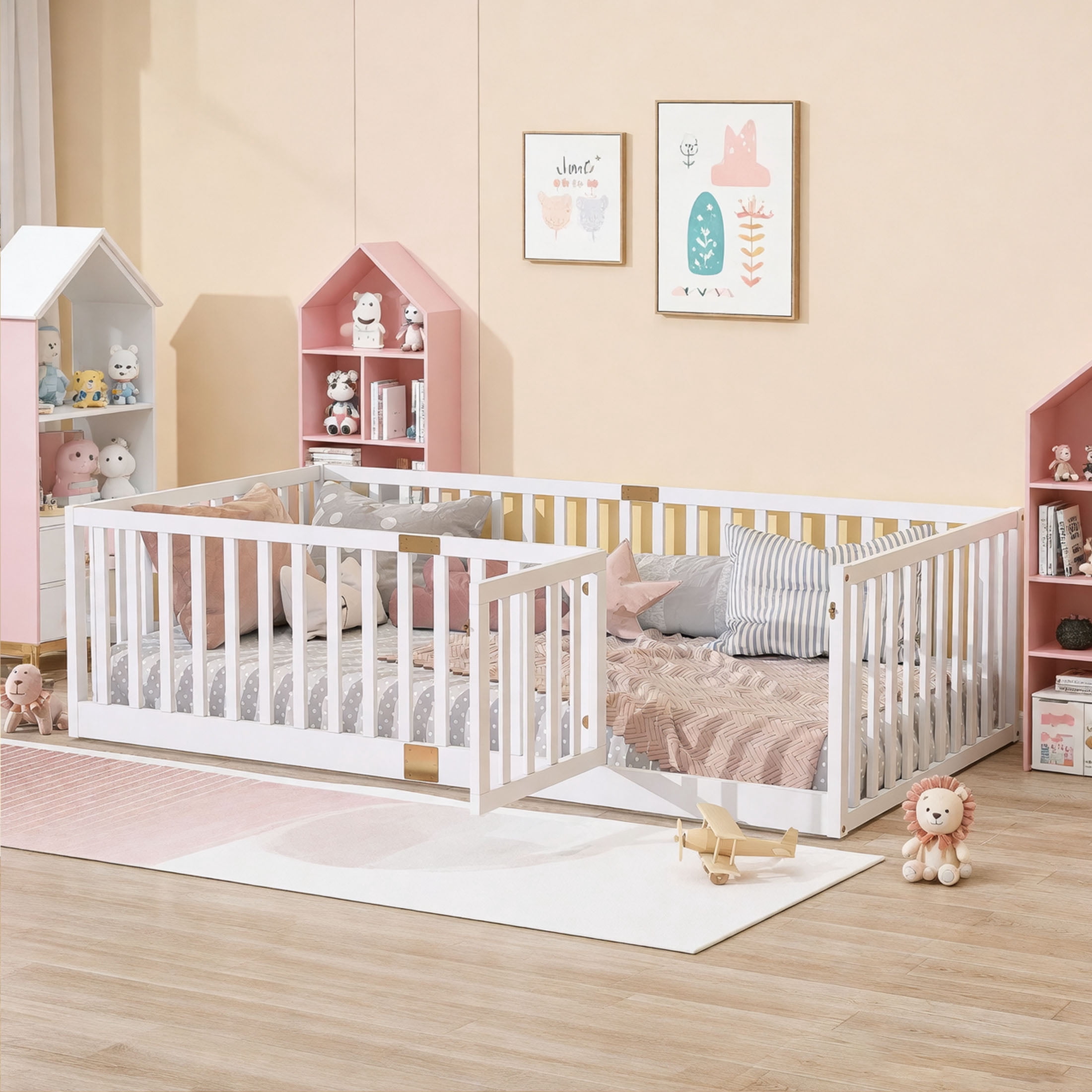 UHOMEPRO Twin Floor Bed with High Fence & Door, Montessori Floor Bed with 21.5" Safety Guardrails, Solid Wood Twin Beds Frame for Kids Girls, Boys, with Slats, White