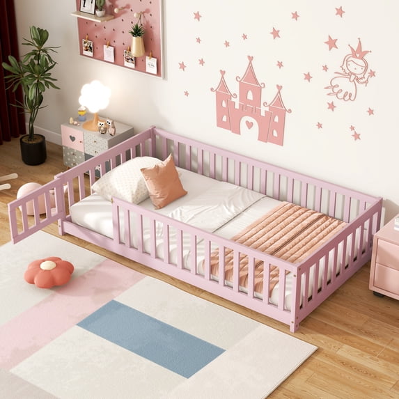 UHOMEPRO Twin Floor Bed with Fence and Door, Montessori Floor Bed for Kids, Toddler Bed Frame with Safety Guardrails and Slats, Wood Floor Bed Frame Twin Size, No Box Spring Needed, Pink