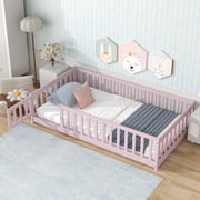 Twin Size Kids Toddler Floor Bed with Door and Fence, UHOMEPRO Montessori Floor Bed with Slats and Safety Guardrails, Solid Wood Twin Bed Frame for Bedroom, Pink