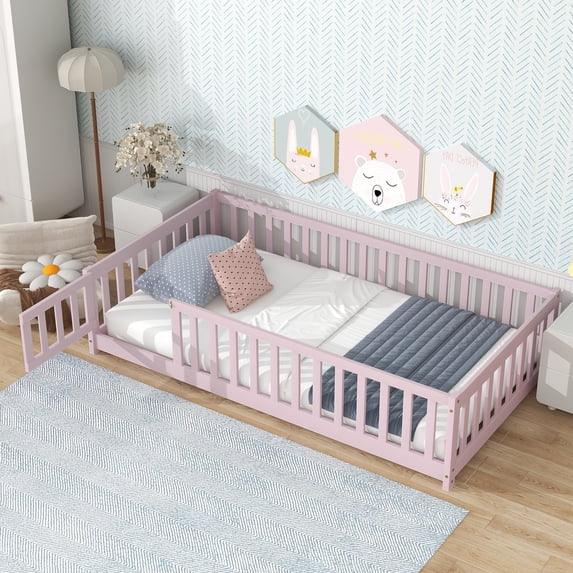 Twin Size Kids Toddler Floor Bed with Door and Fence, UHOMEPRO Montessori Floor Bed with Slats and Safety Guardrails, Solid Wood Twin Bed Frame for Bedroom, Pink