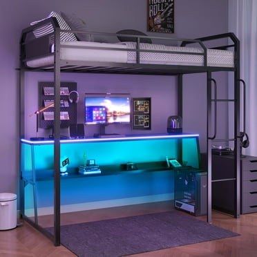 UHOMEPRO Twin Loft Bed with LED Lights, Long Desk, Storage Shelves, Ladder and Safety Rails, Metal Loft Bed Modern Style for Teens Adults, Space Saving, No Box Spring Needed, Noise Free, Black