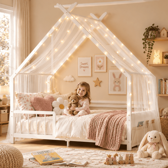 UHOMEPRO Twin Montessori Floor Bed for Kids and Toddler, Low Profile House Bed with Guardrails, Easy Assembly, White