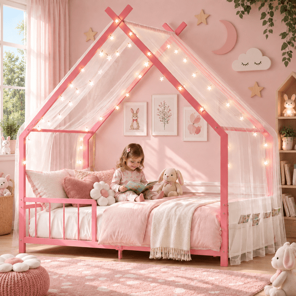 UHOMEPRO Twin Montessori Floor Bed for Kids and Toddler, Low Profile House Bed with Guardrails and Bookcase, Easy Assembly, Pink